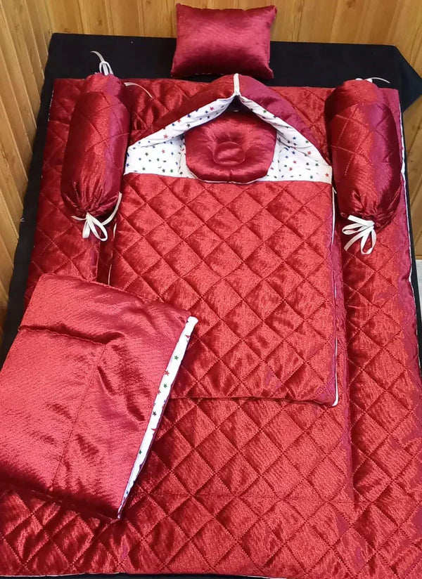 Baby Nest /Baby Wrapper/New Born Baby Velvet Set 7 Pcs - Maroon