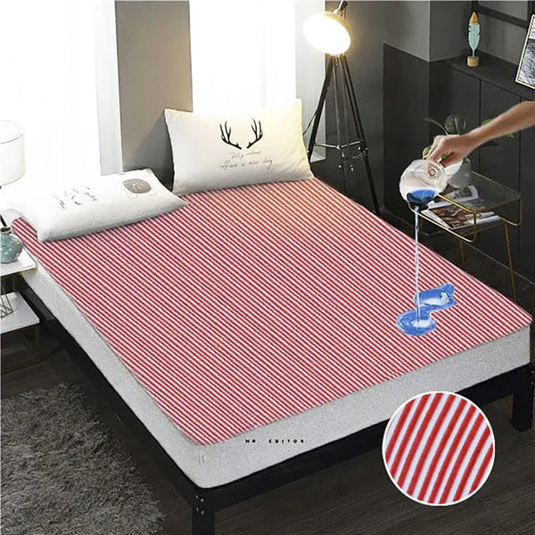 Terry Cotton Waterproof Mattress Protector -  Red Stripe